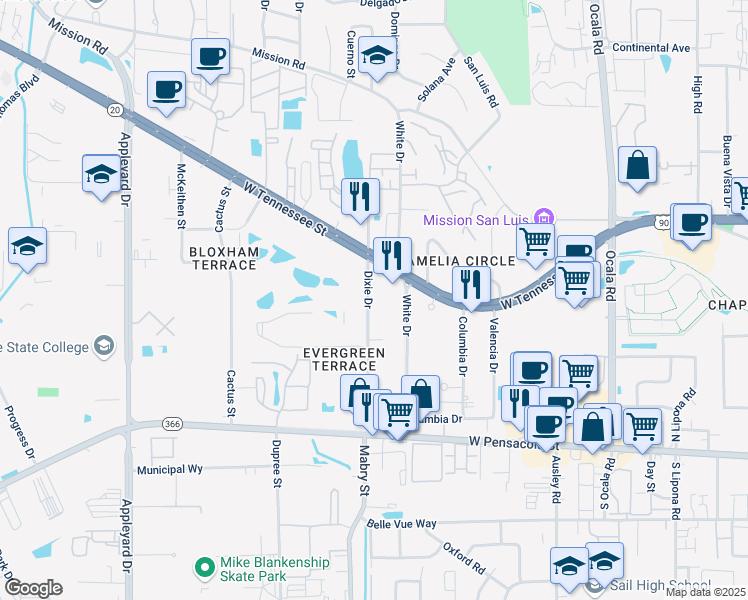 map of restaurants, bars, coffee shops, grocery stores, and more near 301 Dixie Drive in Tallahassee