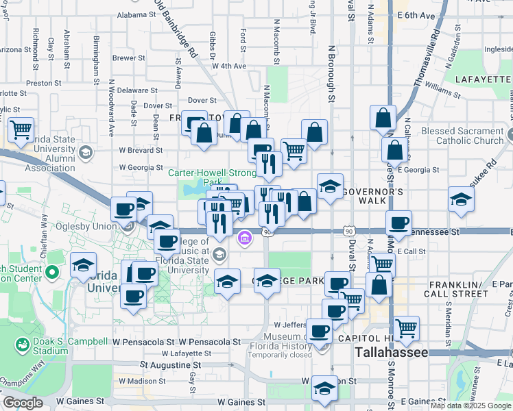 map of restaurants, bars, coffee shops, grocery stores, and more near 519 West Virginia Street in Tallahassee