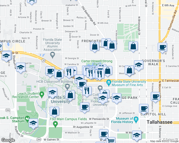 map of restaurants, bars, coffee shops, grocery stores, and more near 695 West Virginia Street in Tallahassee