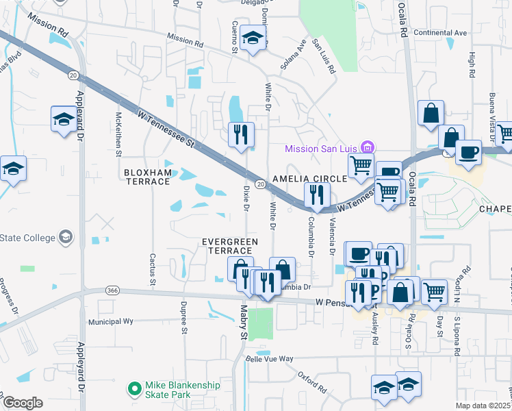 map of restaurants, bars, coffee shops, grocery stores, and more near 301 Dixie Drive in Tallahassee