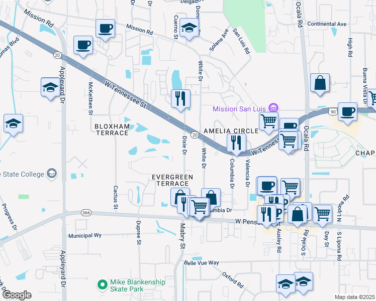 map of restaurants, bars, coffee shops, grocery stores, and more near 301 Dixie Drive in Tallahassee