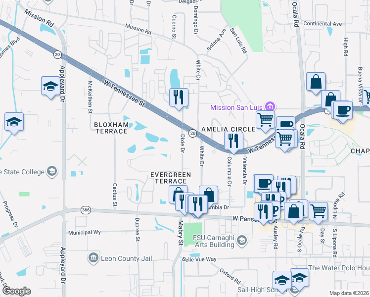 map of restaurants, bars, coffee shops, grocery stores, and more near 301 Dixie Drive in Tallahassee