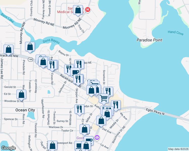 map of restaurants, bars, coffee shops, grocery stores, and more near 110 David Street in Fort Walton Beach