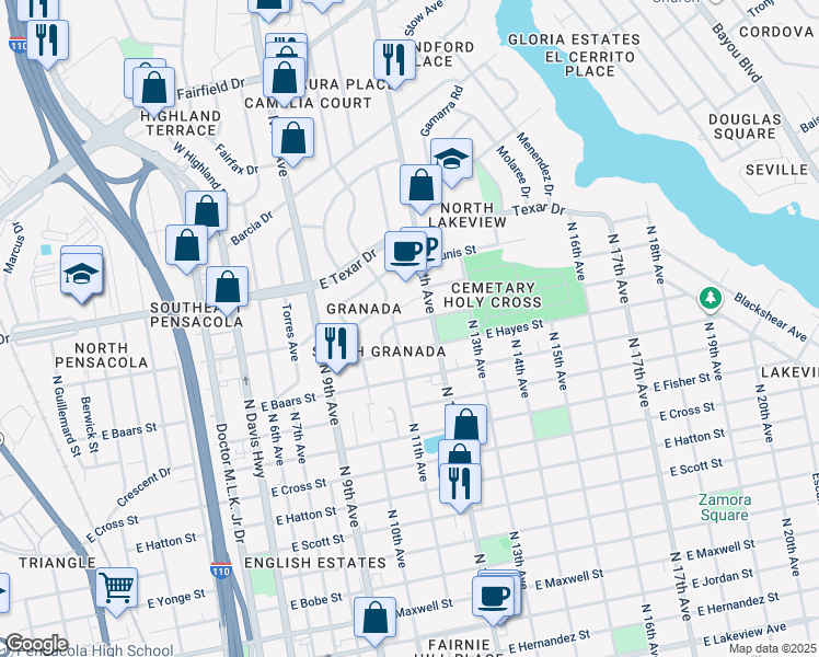 map of restaurants, bars, coffee shops, grocery stores, and more near 1100 East Hayes Street in Pensacola