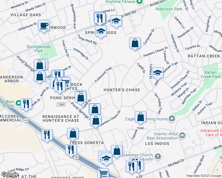 map of restaurants, bars, coffee shops, grocery stores, and more near 8315 Cahill Drive in Austin