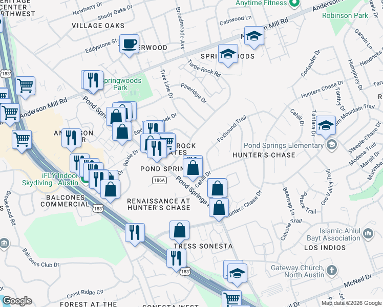 map of restaurants, bars, coffee shops, grocery stores, and more near 8518 Cahill Drive in Austin