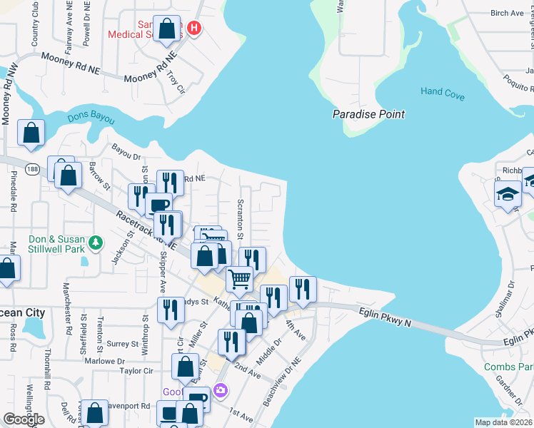 map of restaurants, bars, coffee shops, grocery stores, and more near 127 Beach Drive in Fort Walton Beach