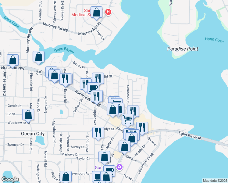 map of restaurants, bars, coffee shops, grocery stores, and more near 110 David Street in Fort Walton Beach