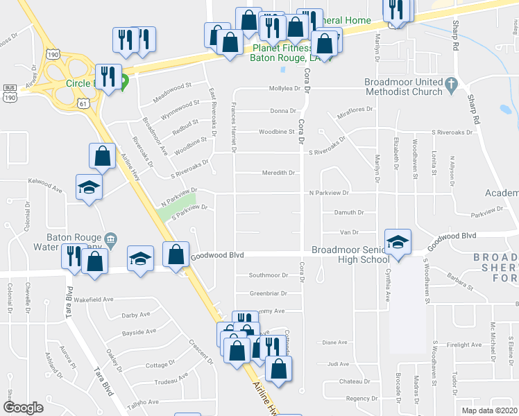 map of restaurants, bars, coffee shops, grocery stores, and more near 9413 West Damuth Drive in Baton Rouge