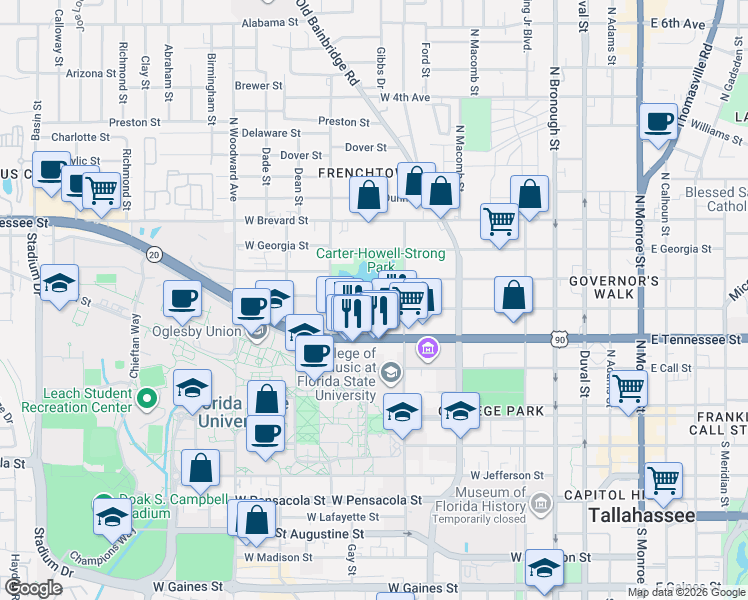 map of restaurants, bars, coffee shops, grocery stores, and more near 630 West Virginia Street in Tallahassee
