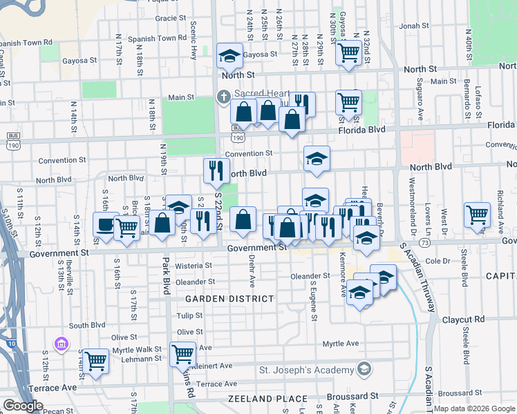 map of restaurants, bars, coffee shops, grocery stores, and more near 323 Delphine Street in Baton Rouge