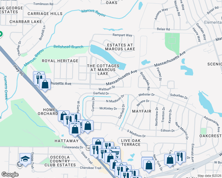 map of restaurants, bars, coffee shops, grocery stores, and more near 2227 Waltham Street in Pensacola
