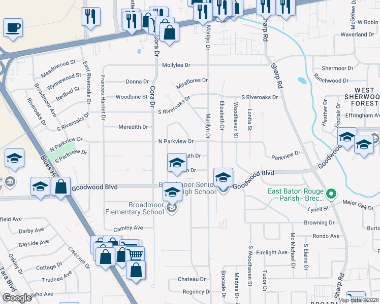 map of restaurants, bars, coffee shops, grocery stores, and more near 9876 Damuth Drive in Baton Rouge
