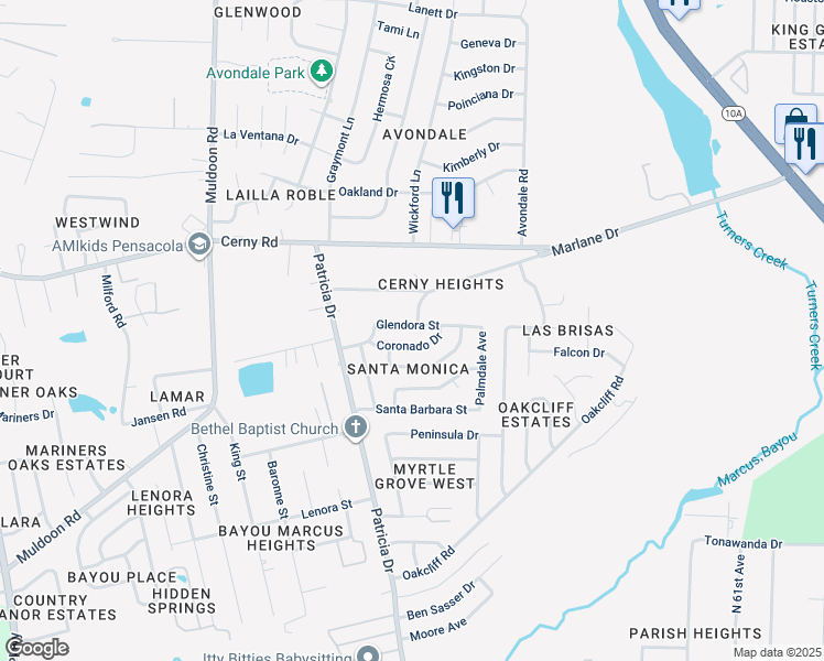 map of restaurants, bars, coffee shops, grocery stores, and more near 7103 Glendora Street in Pensacola