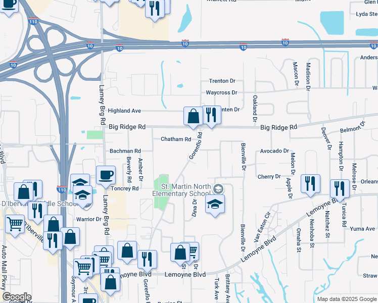 map of restaurants, bars, coffee shops, grocery stores, and more near 11115 Gorenflo Road in D'Iberville