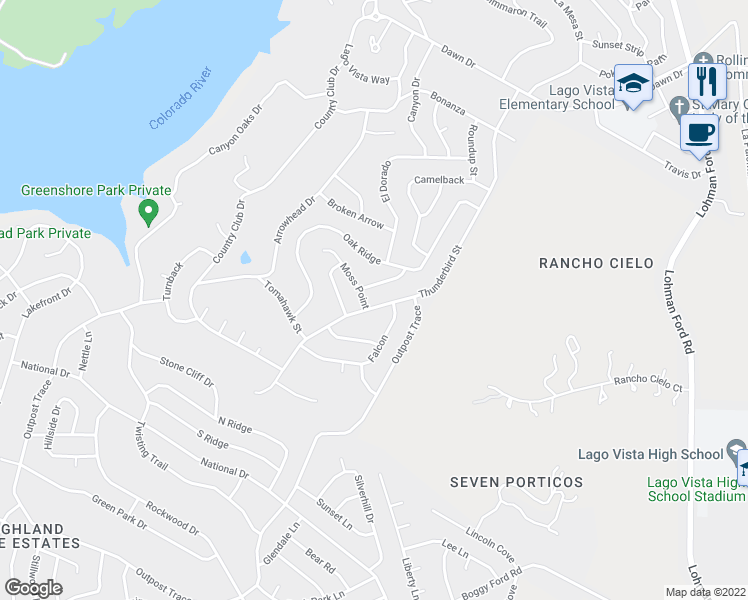 map of restaurants, bars, coffee shops, grocery stores, and more near 5006 Thunderbird Street in Lago Vista