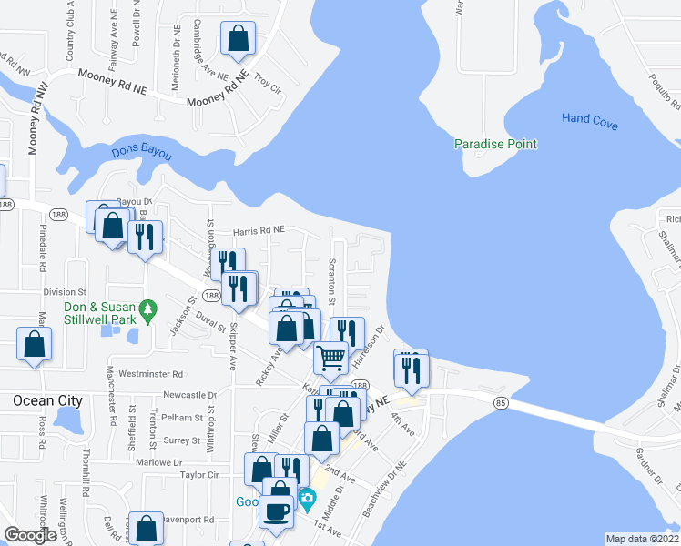 map of restaurants, bars, coffee shops, grocery stores, and more near 138 Beach Drive in Fort Walton Beach