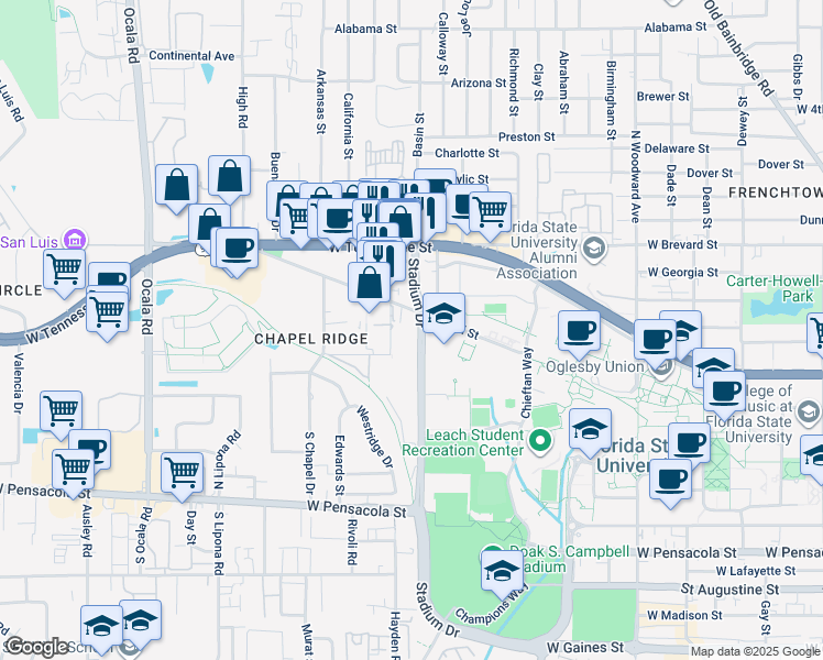map of restaurants, bars, coffee shops, grocery stores, and more near 319 Conradi Street in Tallahassee
