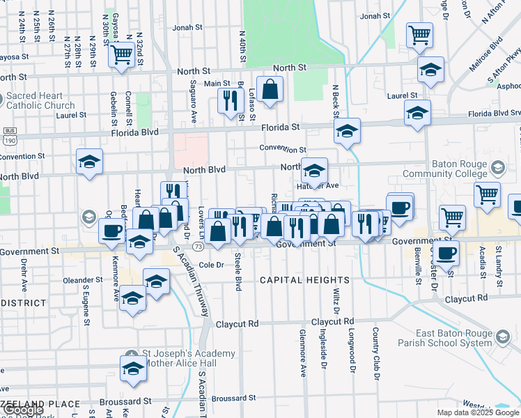map of restaurants, bars, coffee shops, grocery stores, and more near 355 East Drive in Baton Rouge
