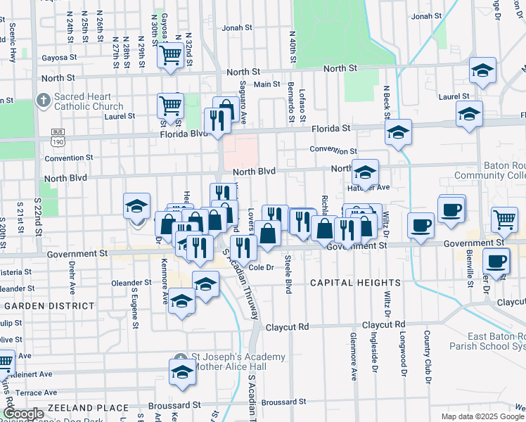 map of restaurants, bars, coffee shops, grocery stores, and more near 340 West Drive in Baton Rouge