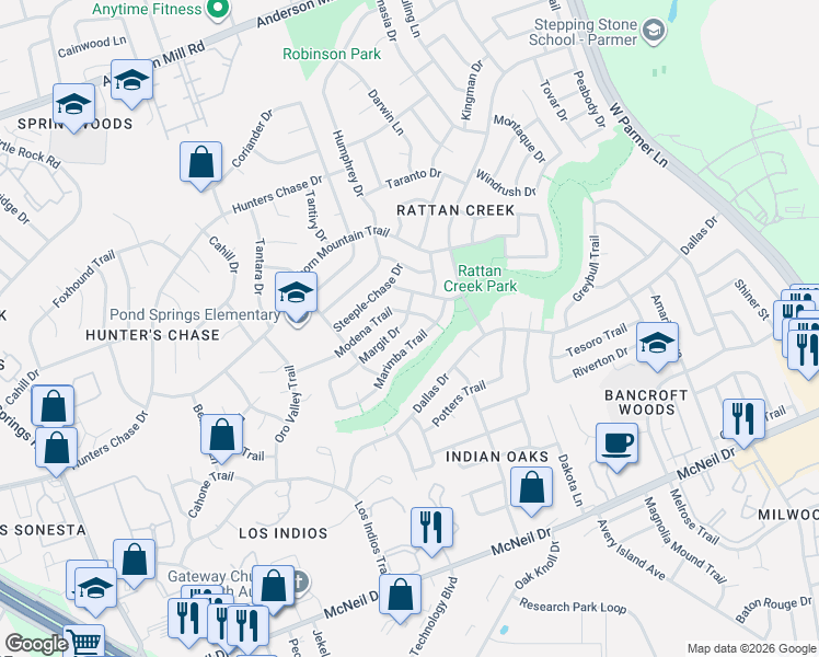 map of restaurants, bars, coffee shops, grocery stores, and more near 12915 Marimba Trail in Austin