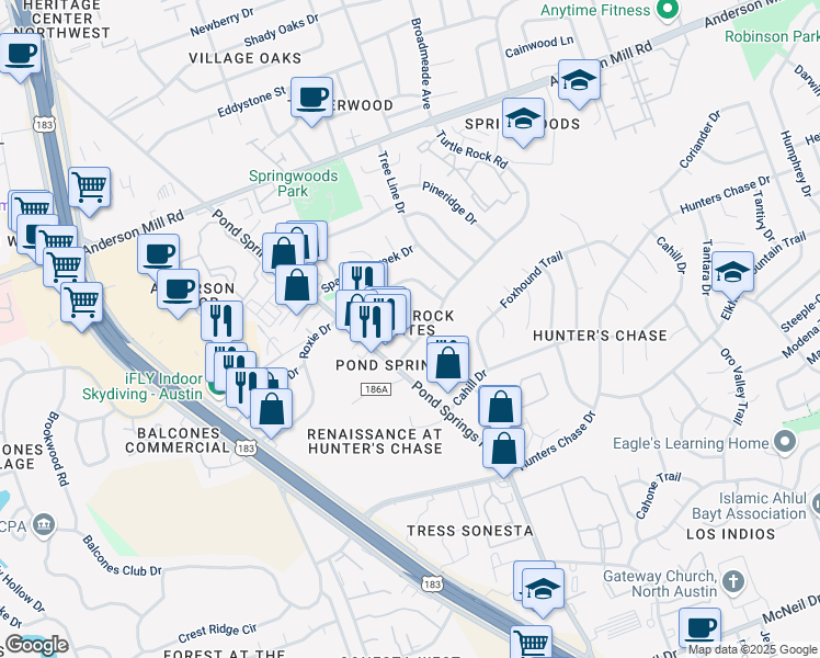 map of restaurants, bars, coffee shops, grocery stores, and more near 12300 Abney Drive in Austin