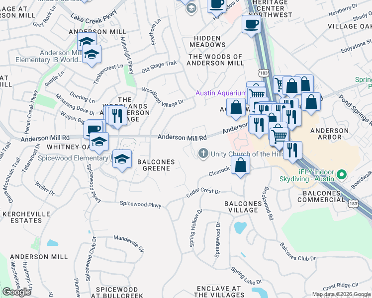 map of restaurants, bars, coffee shops, grocery stores, and more near 11919 Anderson Mill Road in Austin