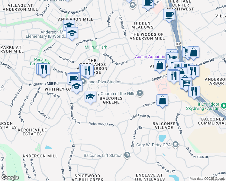 map of restaurants, bars, coffee shops, grocery stores, and more near 9913 Anderson Mill Road in Austin