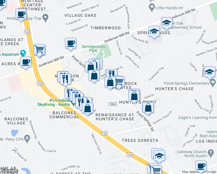 map of restaurants, bars, coffee shops, grocery stores, and more near 13237 Pond Springs Road in Austin