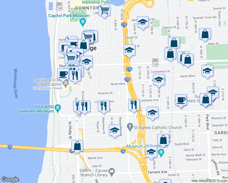 map of restaurants, bars, coffee shops, grocery stores, and more near 819 America Street in Baton Rouge