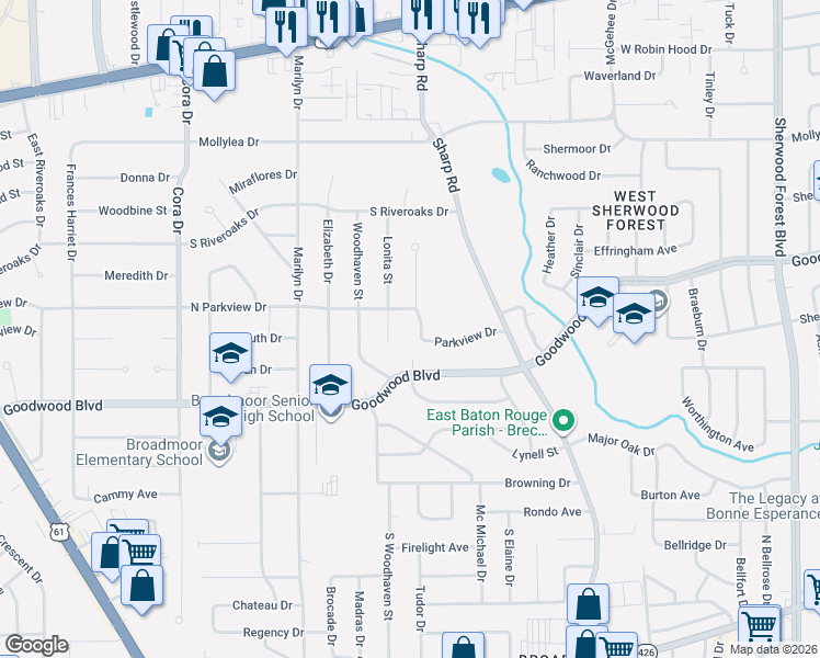 map of restaurants, bars, coffee shops, grocery stores, and more near 10152 Parkview Drive in Baton Rouge