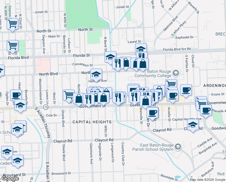 map of restaurants, bars, coffee shops, grocery stores, and more near 417 Longwood Court in Baton Rouge