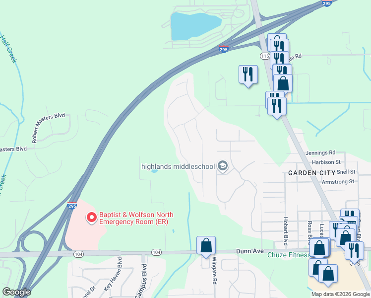 map of restaurants, bars, coffee shops, grocery stores, and more near 11622 Pleasant Creek Drive in Jacksonville