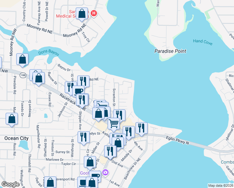map of restaurants, bars, coffee shops, grocery stores, and more near 138 Beach Drive in Fort Walton Beach