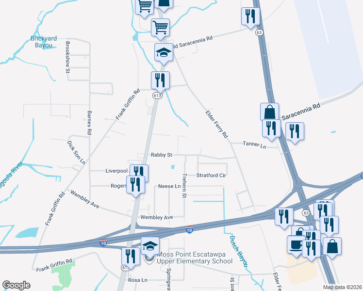 map of restaurants, bars, coffee shops, grocery stores, and more near 4301 Rabby St in Moss Point
