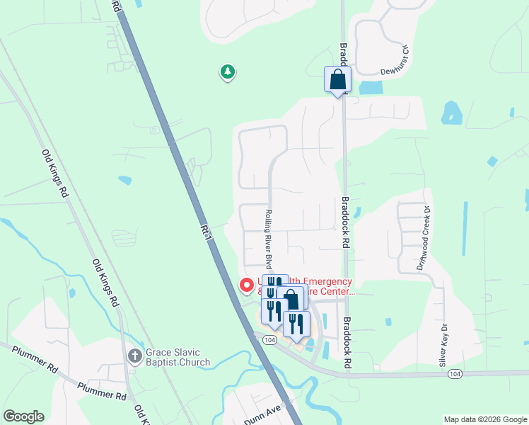 map of restaurants, bars, coffee shops, grocery stores, and more near 11638 Rolling River Boulevard in Jacksonville