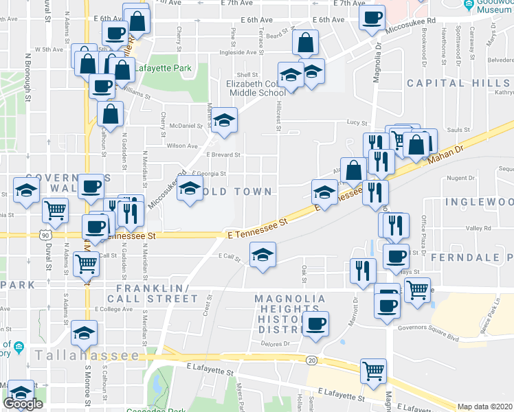 map of restaurants, bars, coffee shops, grocery stores, and more near 418 Terrace Street in Tallahassee