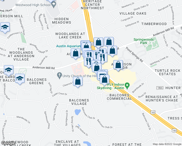 map of restaurants, bars, coffee shops, grocery stores, and more near 13450 North Highway 183 in Austin