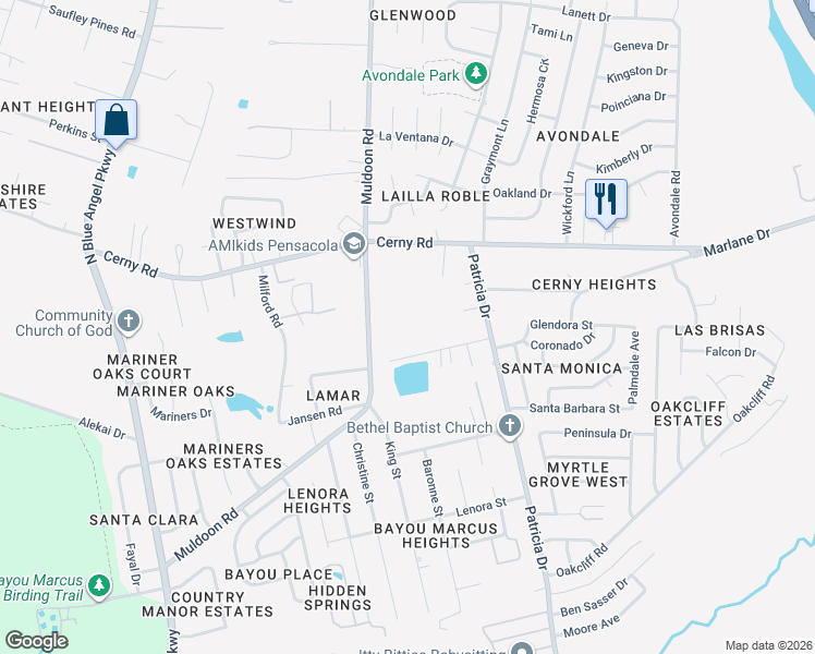 map of restaurants, bars, coffee shops, grocery stores, and more near 3600 Muldoon Road in Pensacola