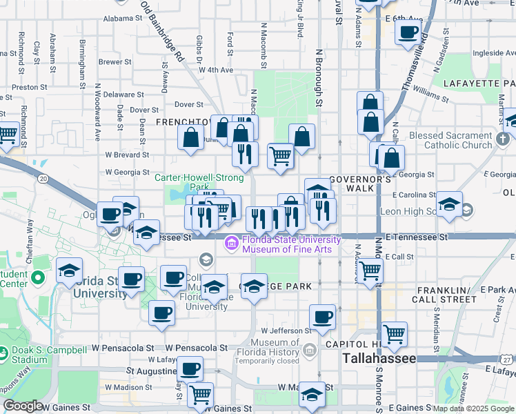 map of restaurants, bars, coffee shops, grocery stores, and more near 435 North Macomb Street in Tallahassee