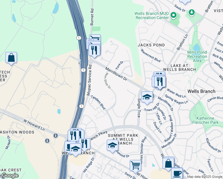map of restaurants, bars, coffee shops, grocery stores, and more near Non Stop Drive in Austin