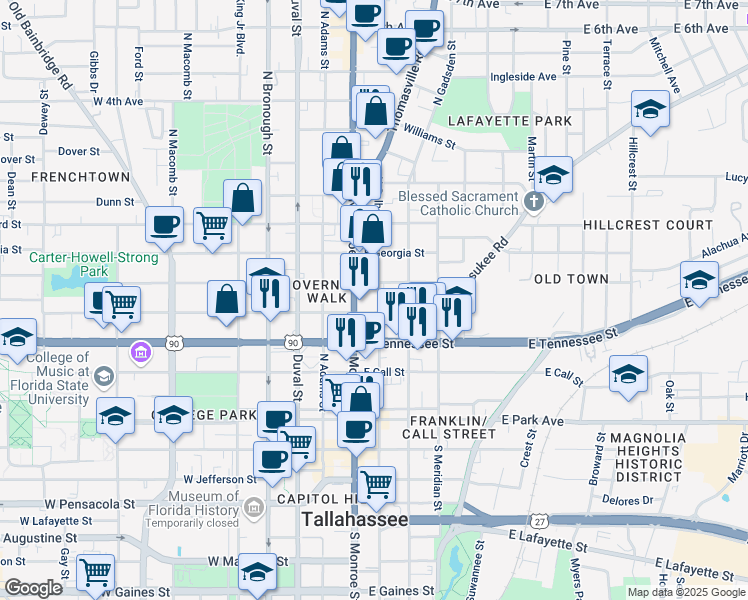 map of restaurants, bars, coffee shops, grocery stores, and more near 503 North Monroe Street in Tallahassee