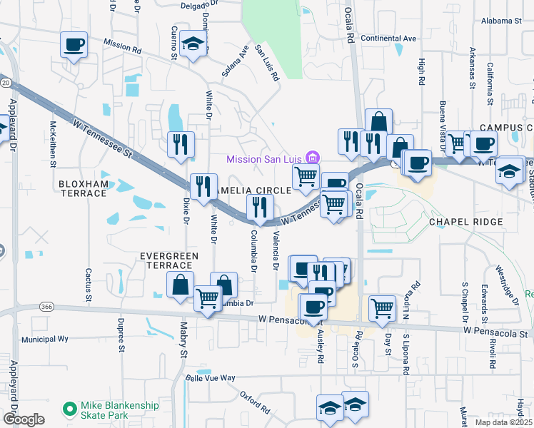 map of restaurants, bars, coffee shops, grocery stores, and more near 2210 West Tennessee Street in Tallahassee