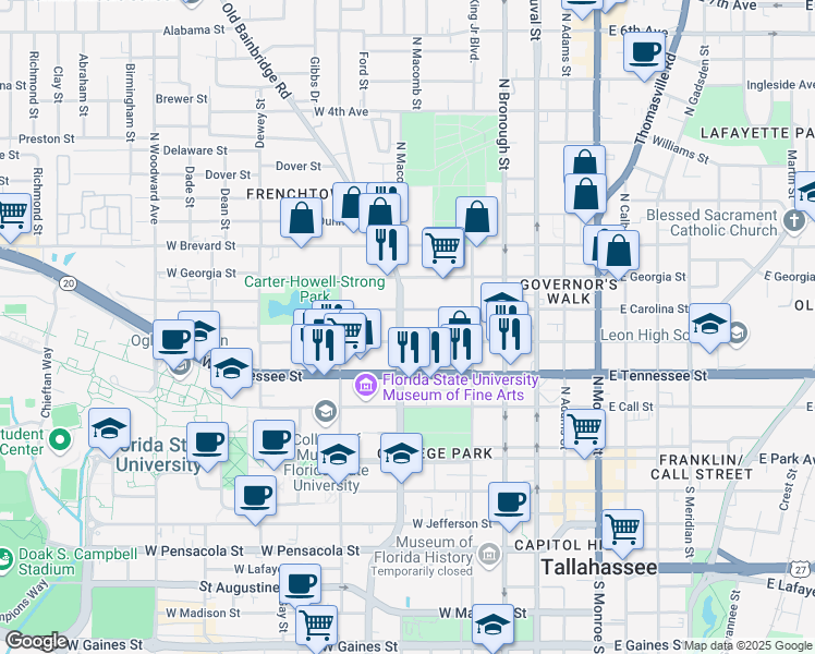 map of restaurants, bars, coffee shops, grocery stores, and more near in Tallahassee