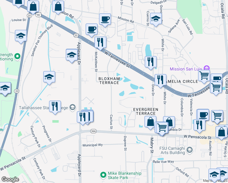 map of restaurants, bars, coffee shops, grocery stores, and more near 309 Cactus St in Tallahassee