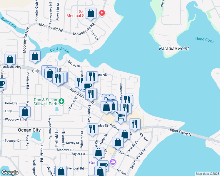 map of restaurants, bars, coffee shops, grocery stores, and more near 107 Doodle Avenue in Fort Walton Beach