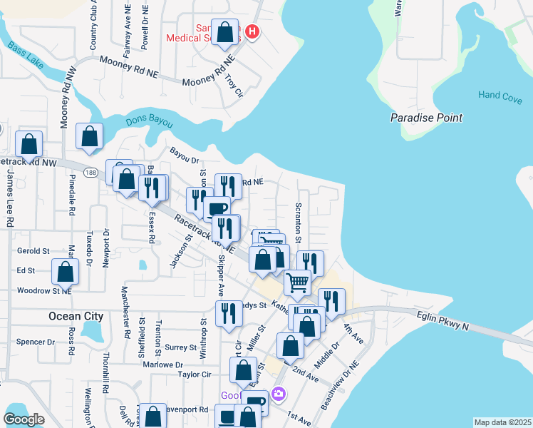 map of restaurants, bars, coffee shops, grocery stores, and more near 107 Doodle Avenue in Fort Walton Beach