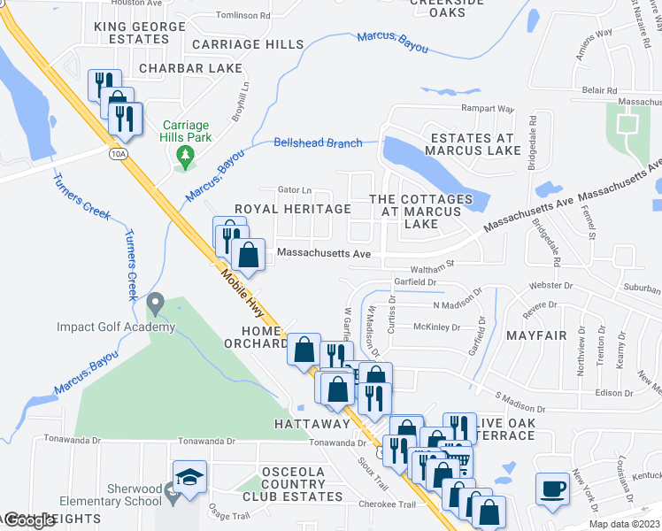 map of restaurants, bars, coffee shops, grocery stores, and more near 2451 John Paul Jones Drive in Pensacola