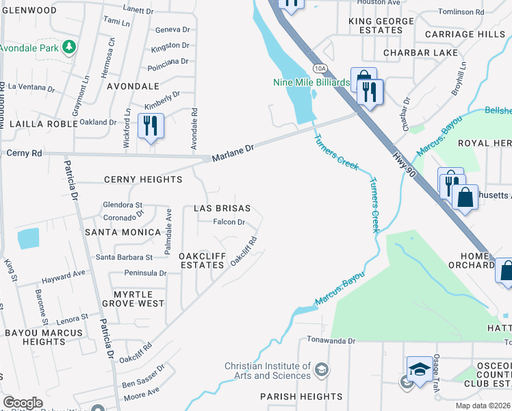 map of restaurants, bars, coffee shops, grocery stores, and more near 6501 Oakcliff Road in Pensacola