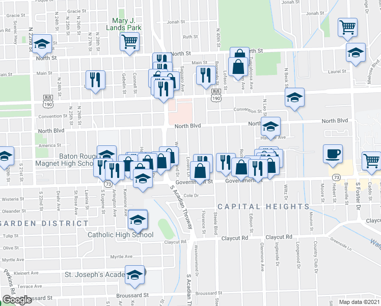 map of restaurants, bars, coffee shops, grocery stores, and more near 220 West Drive in Baton Rouge